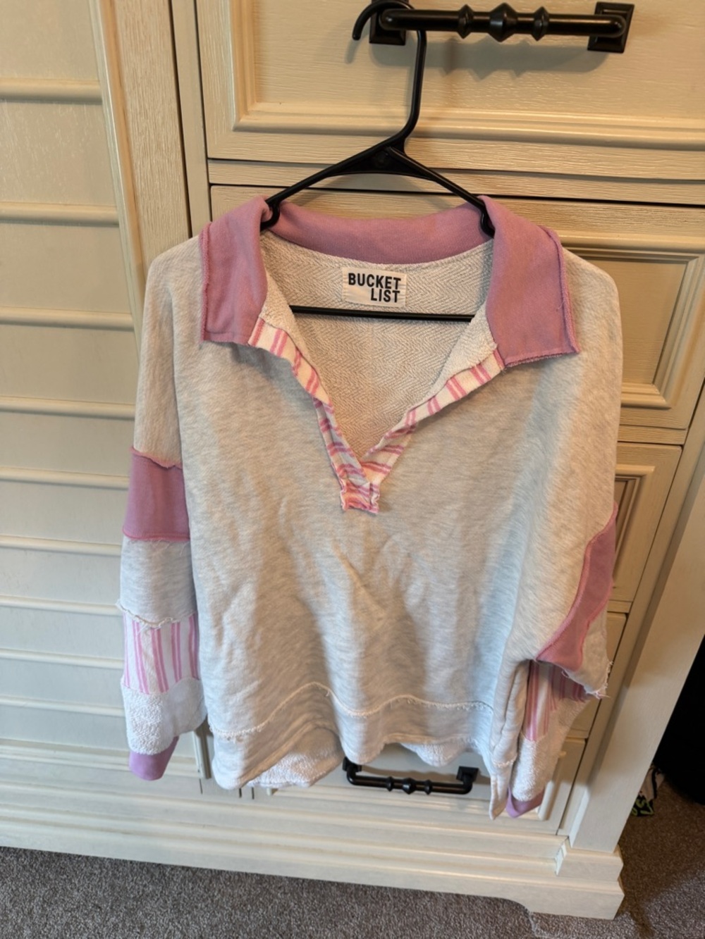 BUCKETLIST Cream Pullover with Pink Collar and Striped Trim